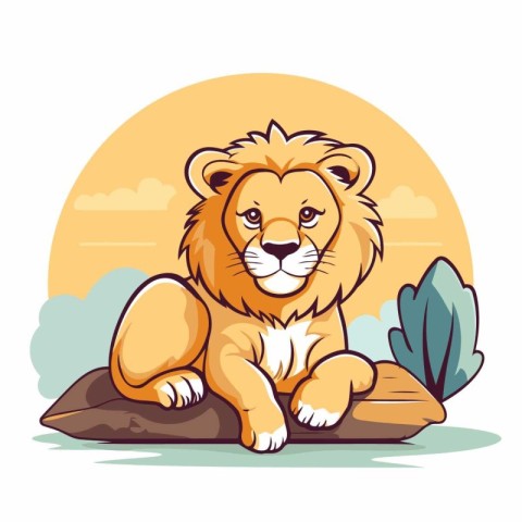 Lion sitting on the rock. Vector illustration in flat style.