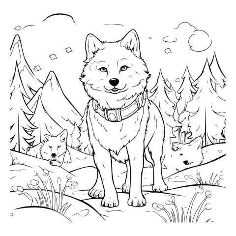 Cute cartoon dog in the forest. Vector illustration for coloring