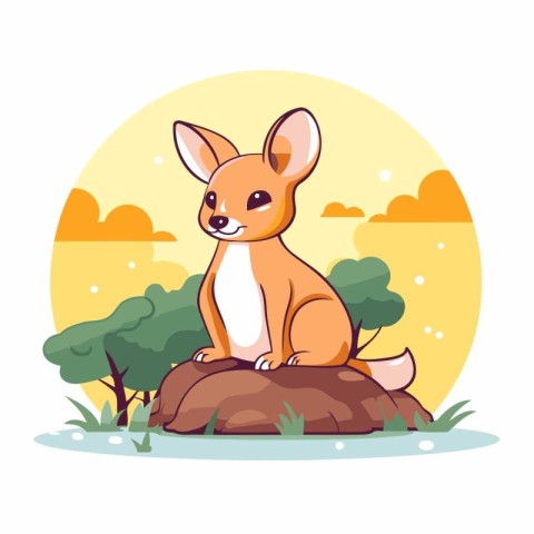 Cute kangaroo sitting on a rock in the park. Vector illustration