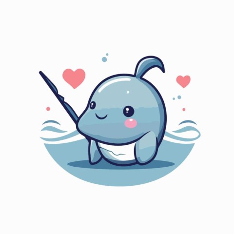 Cute whale with a fishing rod. Vector illustration on white back