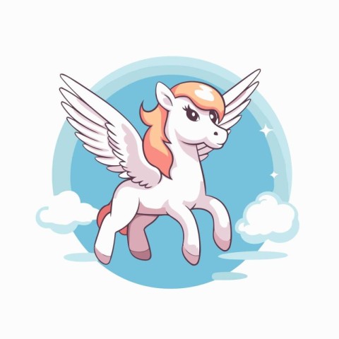 Cute cartoon unicorn with wings flying in the sky. Vector illust