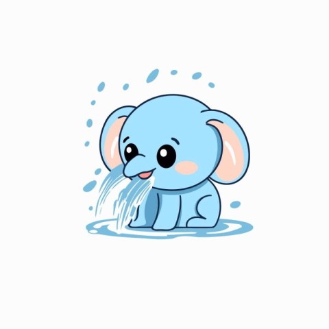 Cute baby elephant drinking water from a puddle. Vector illustra