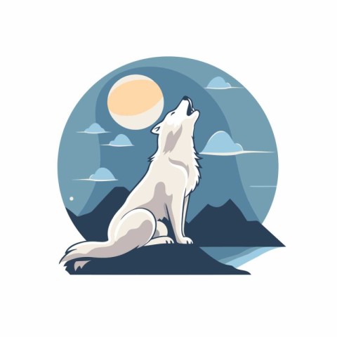 Vector illustration of a wolf sitting on a rock with a moon in t