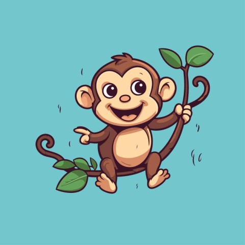 Cute cartoon monkey with green leaves on blue background. Vector