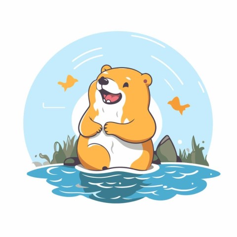 Cute cartoon beaver sitting in the water. Vector illustration.