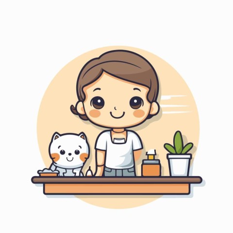 Cute little boy with cat in pet shop. Vector illustration.