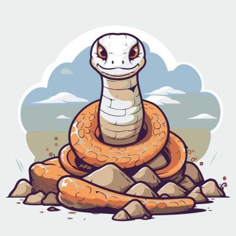 Cute cartoon snake. Vector illustration of a snake on a stone.