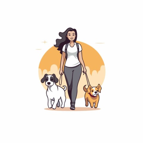 Woman walking with her dogs. Vector illustration in a flat style