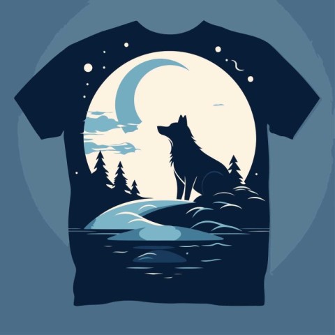 T-shirt print design with wolf and moon. Vector illustration.