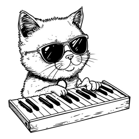 Cute cat in sunglasses playing the piano. Vector illustration of