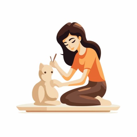 Young woman sitting on the floor with cat and dog vector Illustr