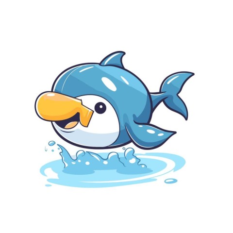 Cute cartoon whale swimming in water. Vector illustration isolat