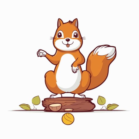 Cute squirrel sitting on the stump with a ball. Vector illustrat