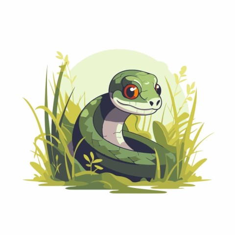 Cute green snake in the grass. Vector illustration on white back