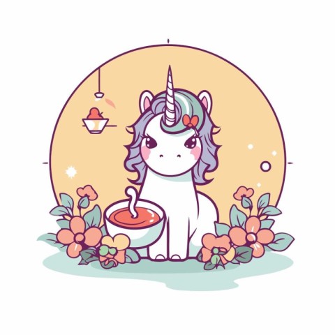 Cute unicorn with cup of coffee and flowers vector illustration