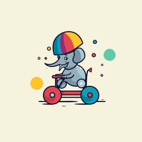 Cute elephant riding on a tricycle. Vector illustration in flat