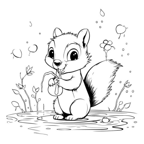 Cute cartoon squirrel in the pond. Black and white vector illust