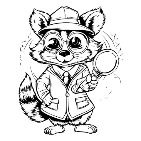 Vector illustration of a raccoon detective with a magnifying gla