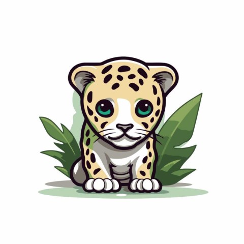 Cute leopard with green leaves. Vector cartoon illustration on w