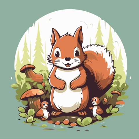 Squirrel sitting in the forest with his family. Vector illustrat