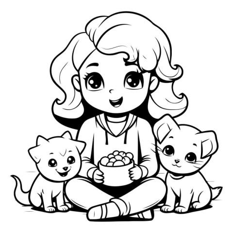 Black and White Cartoon Illustration of Cute Little Girl with He