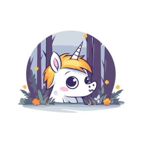 Cute cartoon unicorn in the forest. Vector illustration in a fla