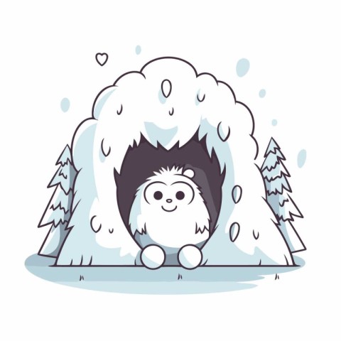 Cute cartoon hedgehog in a snowy cave. Vector illustration.