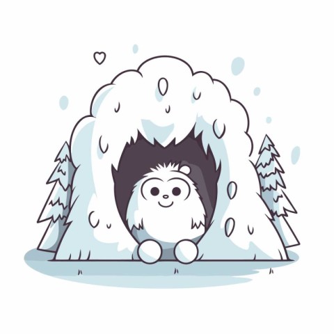 Cute cartoon hedgehog in a snowy cave. Vector illustration.