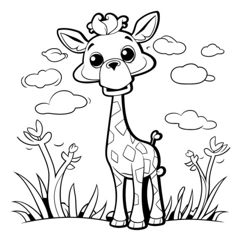 Coloring book for children: Giraffe in the grass with flowers