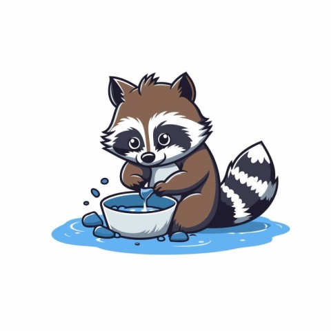 Cute raccoon drinking water from a bowl. Vector illustration.