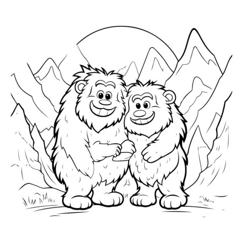 Lion and monkey on a background of mountains. Coloring book for