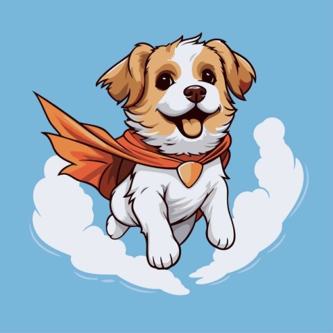 Cute dog in superhero costume flying in the clouds. Vector illus