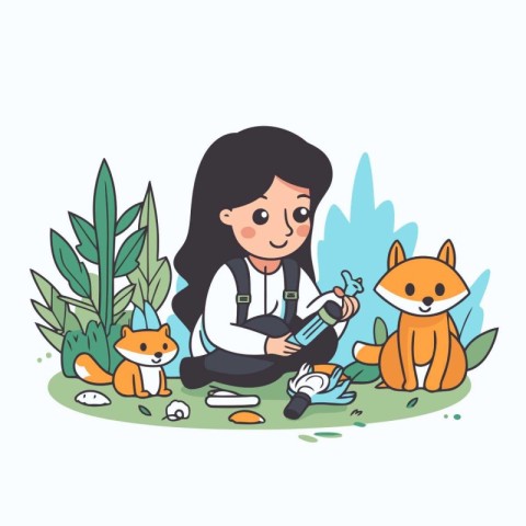 Little girl sitting on the grass and playing with foxes. Vector