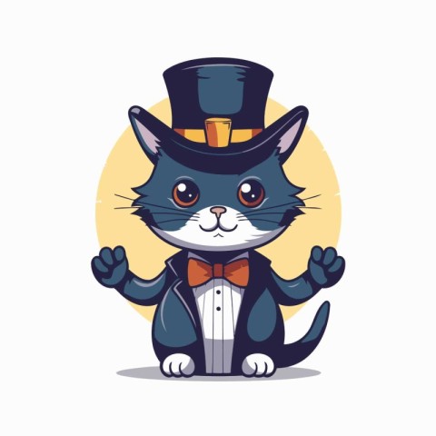 Cute black cat in a hat and bow tie. Vector illustration.