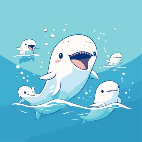 Vector illustration of cute cartoon white whale in the sea with