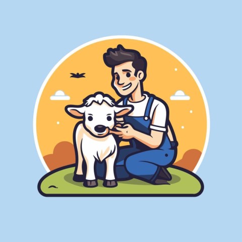 Vector illustration of a farmer with a sheep. Flat style design.