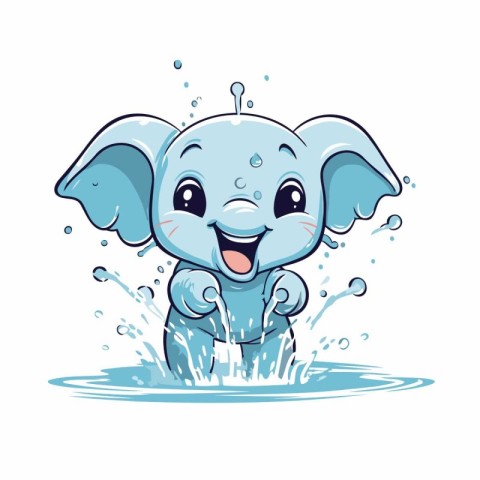 Cute cartoon elephant splashing water. Vector illustration isola