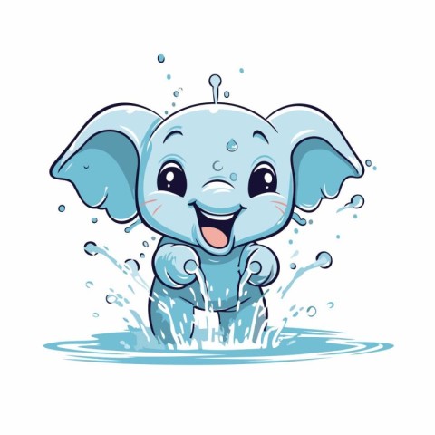 Cute cartoon elephant splashing water. Vector illustration isola