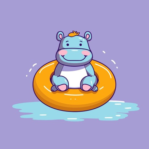 Cute hippo on an inflatable ring. Vector illustration.