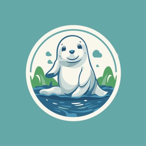 Cute seal on the background of the sea. Vector illustration.