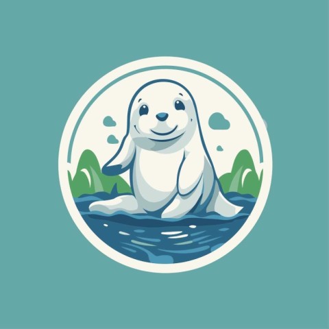 Cute seal on the background of the sea. Vector illustration.