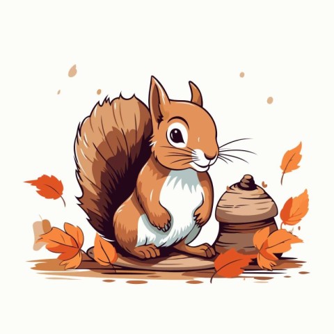 Squirrel sitting on a rock in the autumn forest. Vector illustra