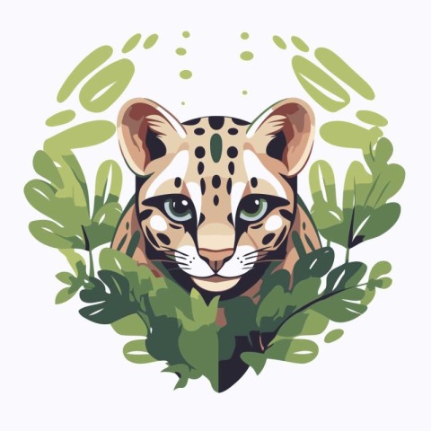 Leopard head with green leaves. Vector illustration in cartoon s