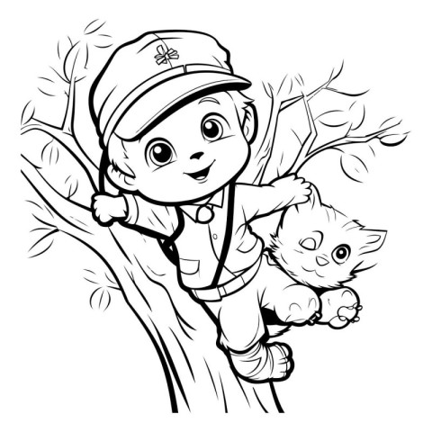 Black and White Cartoon Illustration of Cute Baby Boy Climbing t