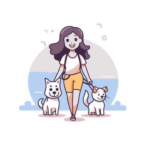 Vector illustration of a girl walking with her dogs on the beach