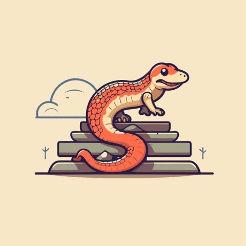 Cute cartoon snake standing on the top of the stairs. Vector ill