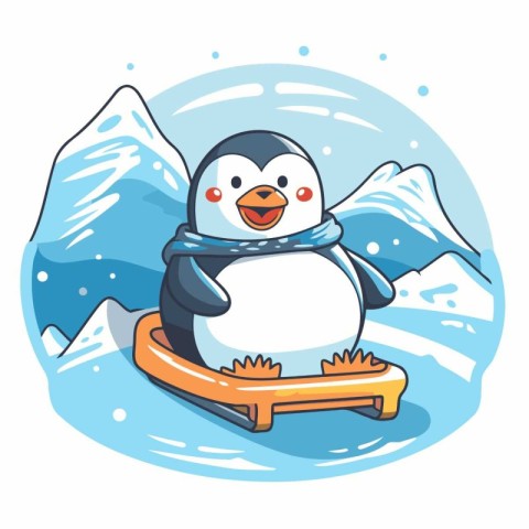 Cute penguin on a sled. Vector illustration in cartoon style.