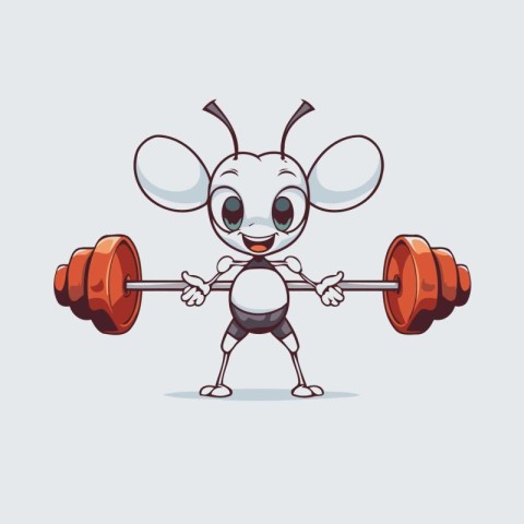 Cartoon funny little mouse lifting a barbell. Vector illustratio