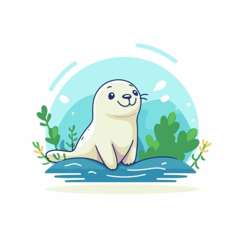 Cute seal in the sea. Vector illustration in flat style.