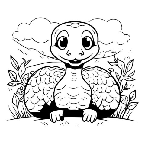 Cute little turtle sitting on the grass. Black and white vector